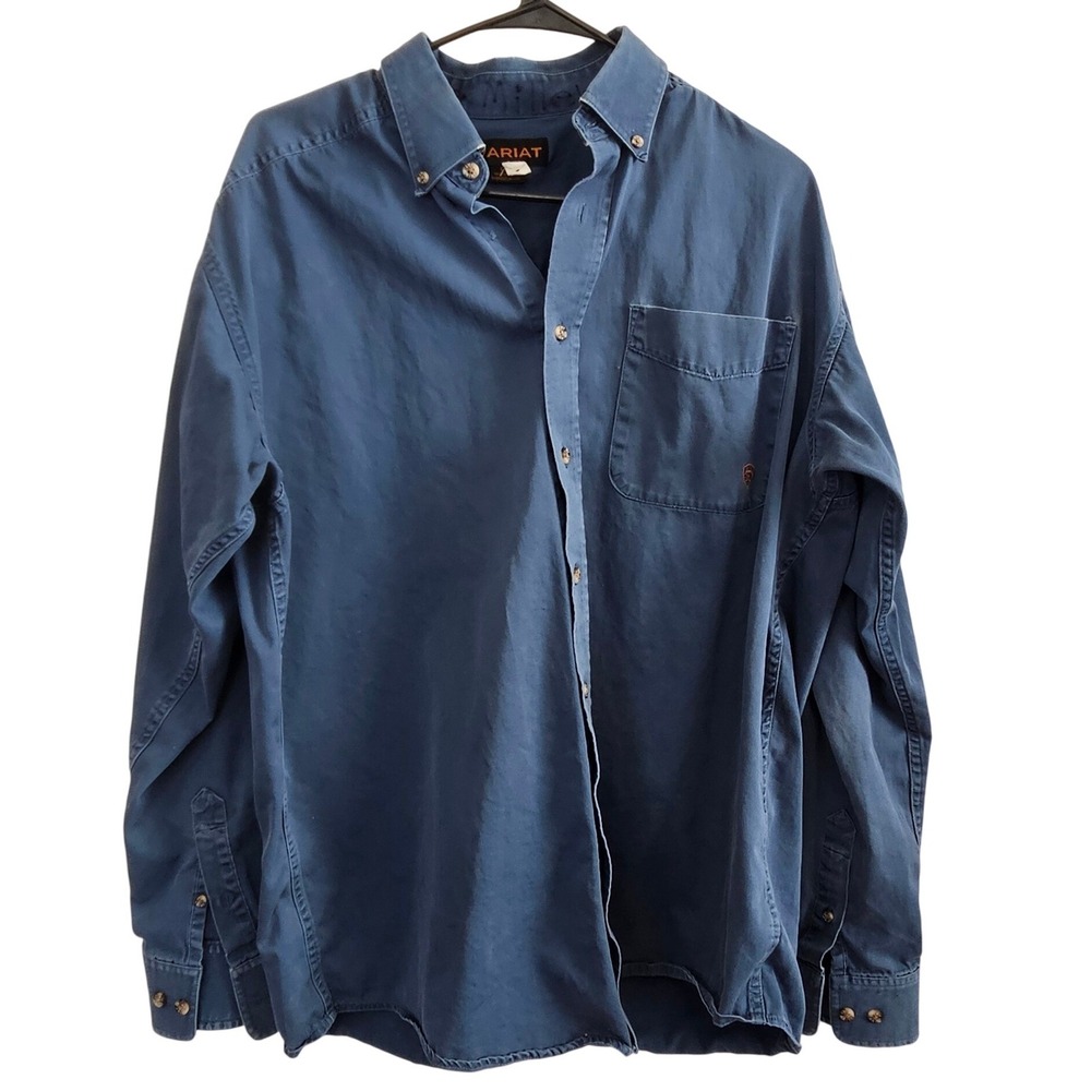 Ariat Mens Long Sleeve Button Down Shirt Navy‎ Blue Twill Workwear Western Large